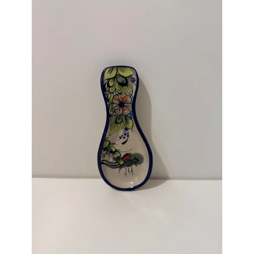 Talavera Mexican Pottery Spoon Rest Hand Painted Bird Floral Ceramic Folk Art